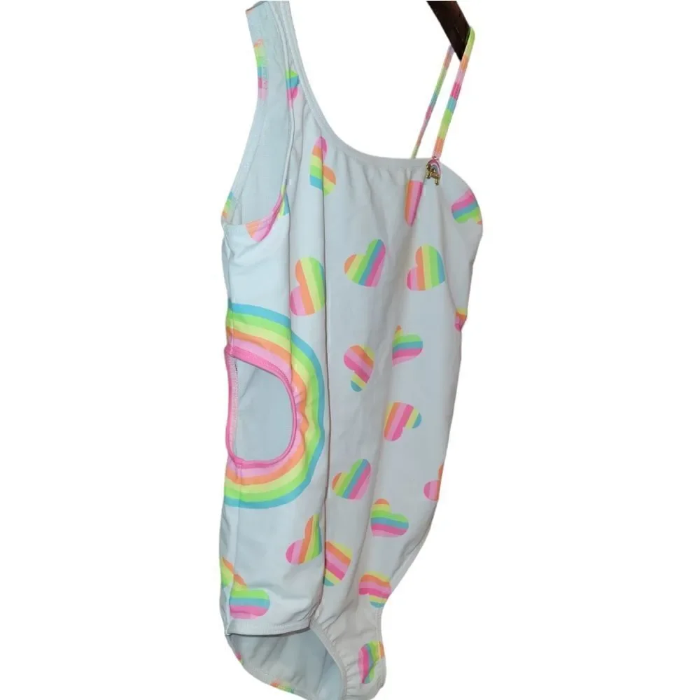 NWOT Juicy Couture Kids Girls One Piece Swimsuit Rainbow Hearts Size 14